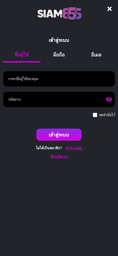 แท็บชื่อผู้ใช้ มือถือ และอีเมลในหน้าต่างเข้าสู่ระบบ หน้าต่างเข้าสู่ระบบ Siam855 บนมือถือ